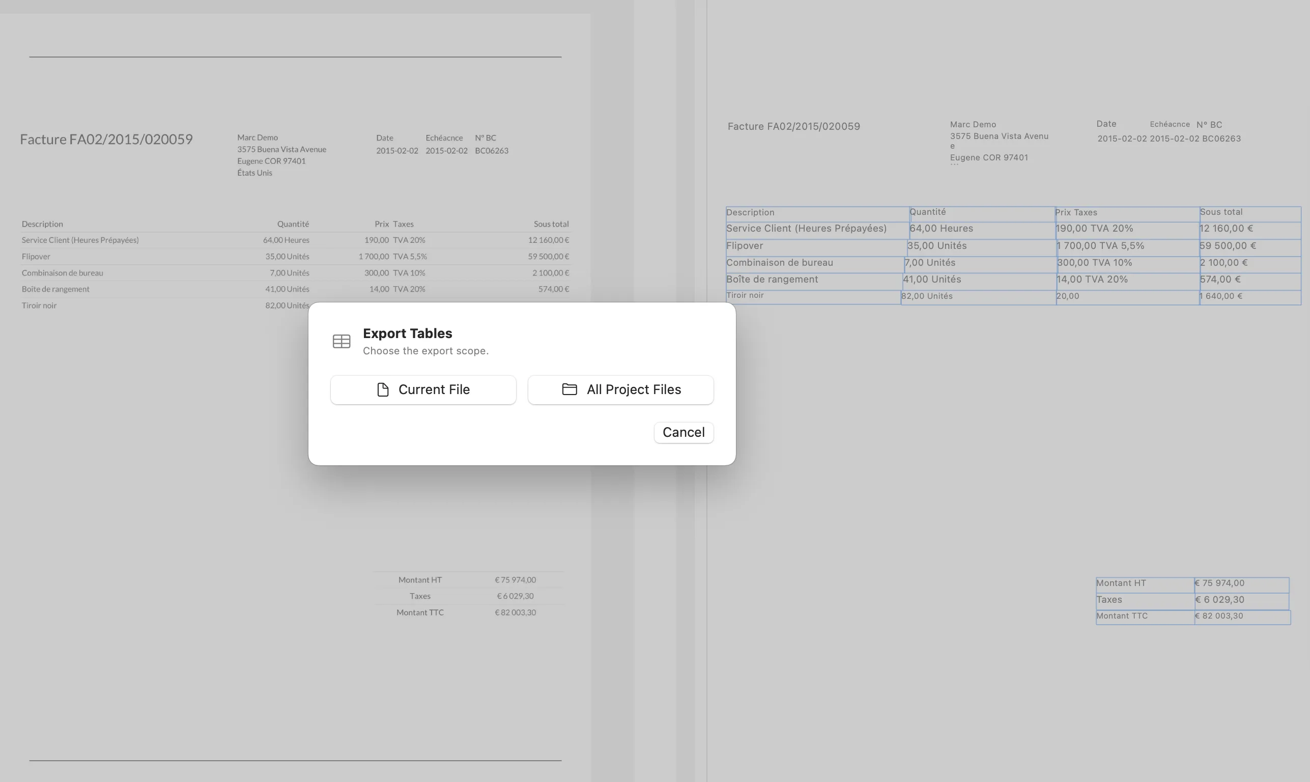 CoreParse export dialog showing Current File and All Project Files options for batch OCR table export